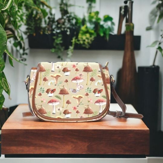 Discover Tan Forest Mushrooms Saddle Bag Purse, Sweet Cottagecore Cross-Body Bag