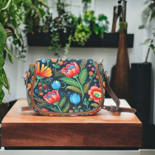 Discover Boho Floral Crossbody Saddle Bag Purse, Canvas Vegan Leather Handbag