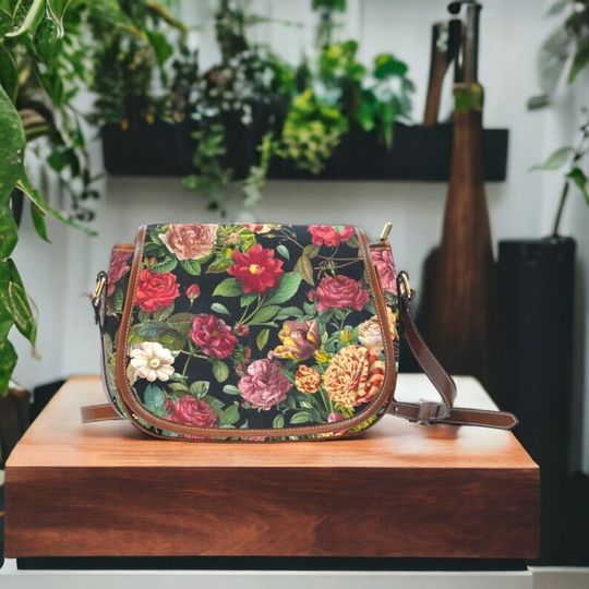 Discover Vintage Roses Dark Floral Cross-Body Saddle Bag, Dark Cottagecore Boho Handbag, Whimsigoth Roses Purse, Witchy Hippie Saddle Bag