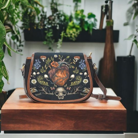 Discover Goblincore Canvas Saddle bag, Dark Cottagecore Witchcore Cross Body purse, Canvas Naturecore Handbag, Mystical Forestcore Boho Witch Purse