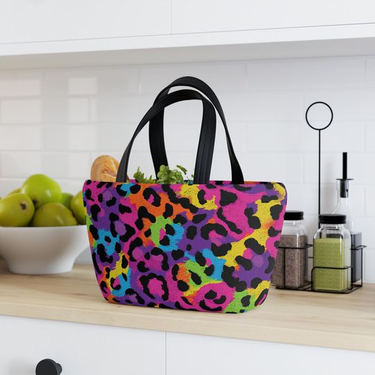 Discover Vibrant Leopard Print Lunch Bag, Insulated Tote, Colorful Picnic Bag, Fun Lunchbox