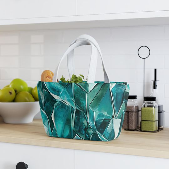 Discover Vibrant Stylish Lunch Bag - Teal Print Tote for Work, School, Picnics, Eco-Friendly Lunch Organizer, Trendy Carrier, Gift Idea