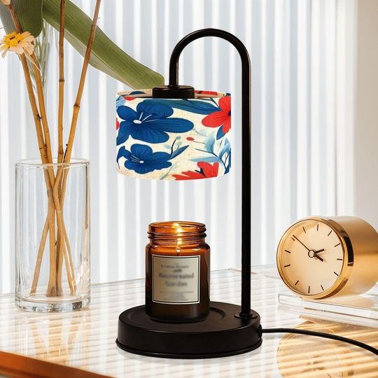Discover Red and Blue Floral Candle Warmer Lamp  Tropical Flower Print  Boho Table Light  Cozy Desk or Bedroom Decor  Gift for Her