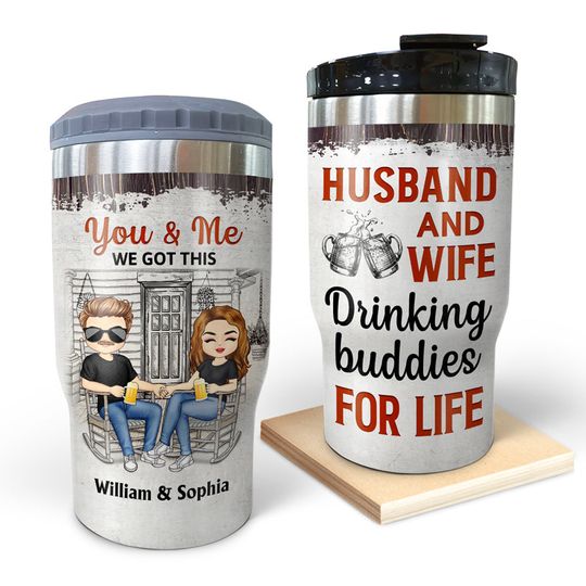 Discover Family Chibi Couple Husband And Wife Drinking Buddies For Life - Couple Gift - Personalized Custom Triple 3 In 1 Can Cooler