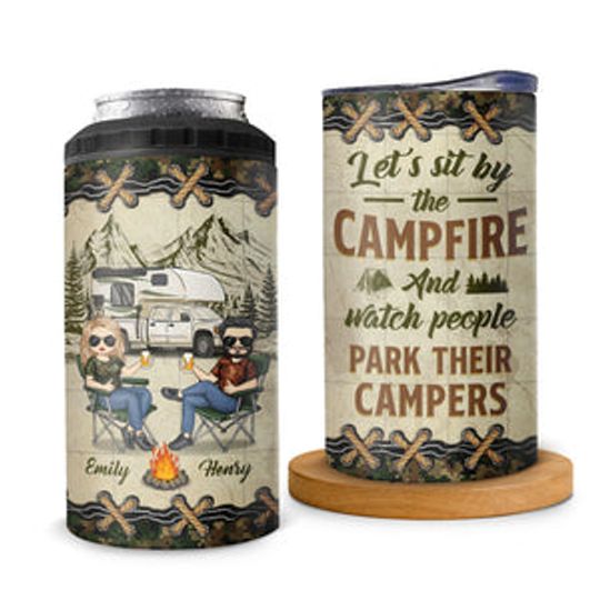 Discover Let's Sit By The Campsite - Camping Personalized Custom 4 In 1 Can Cooler Tumbler - Gift For Husband Wife, Camping Lovers