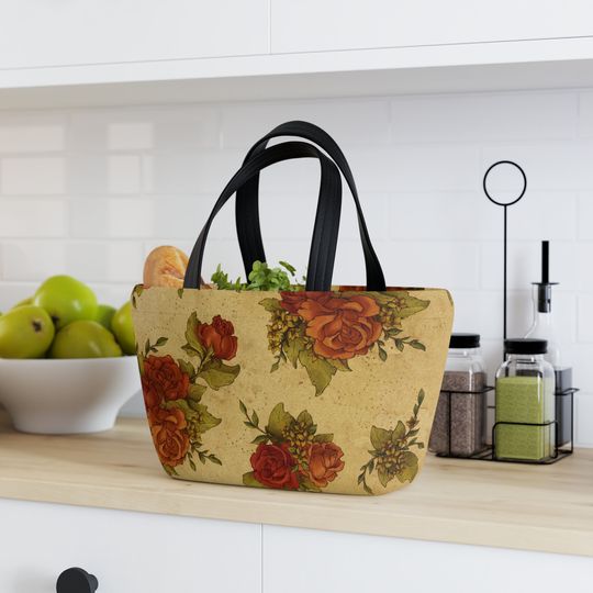 Discover Rose floral lunch tote, lunch bag, lunch box, snack bag, park bag