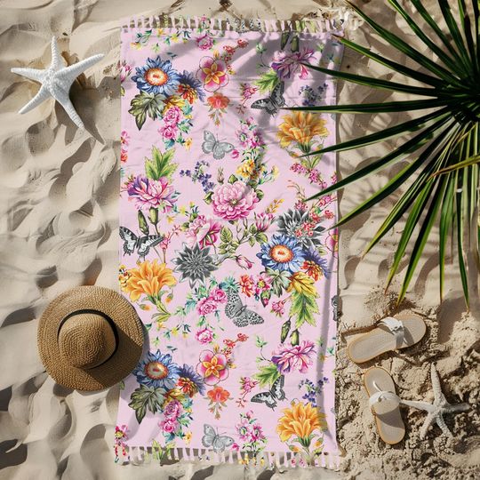 Discover Pink Cottage Garden Boho Beach Towel, Spring Botanical Beach Blanket