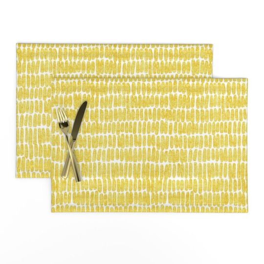 Discover Yellow Stripe Placemats (Set of 2) - Hatches Mustard by kristinnohe - Mustard Gold Abstract Spots Weathered Cloth Placemats by Spoonflower