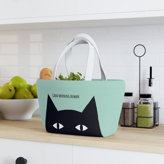 Discover Black Cat says Good Morning Human Lunch Bag, cat lover gift, back to school