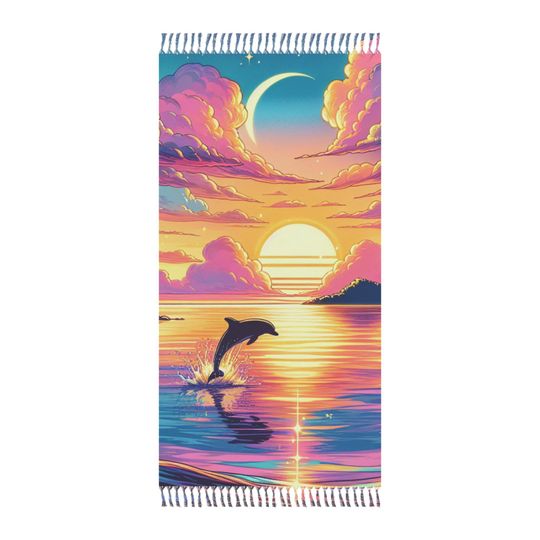 Discover Boho Beach Towel with Dolphin Sunset Print, Vibrant Summer Towel for Beach Days