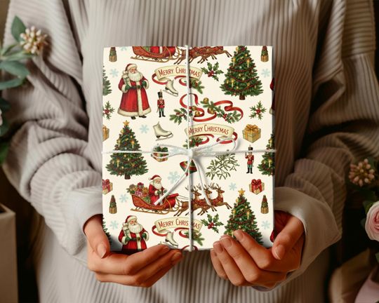 Discover Vintage Christmas Wrapping Paper, Retro Santa Sleigh Gift Wrap