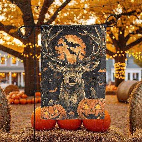Discover Halloween Deer Garden Flag  Spooky Stag with Pumpkin