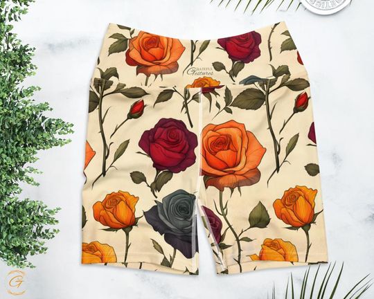Discover Cream Floral  Shorts | High Waist Rose Biker Shorts | Stretchy Workout Shorts Women