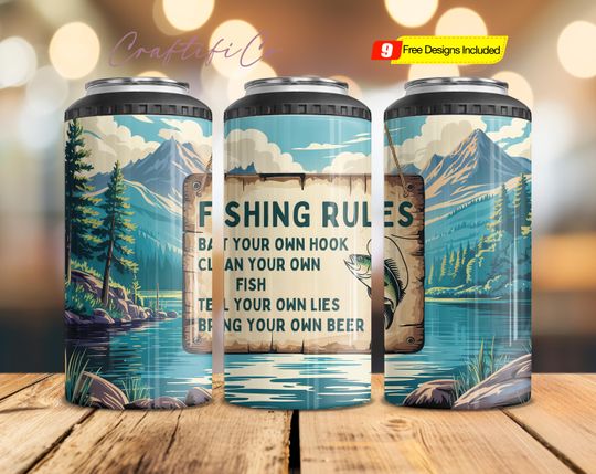 Discover Fishing rules 4 in 1 can cooler sublimation design Lake life can cooler wrap Digital design Straight