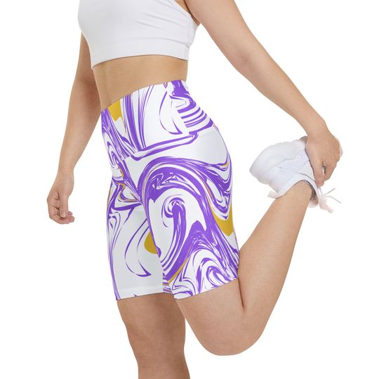 Discover Purple and Gold Swirl Biker Shorts - High-Waisted Compression Shorts