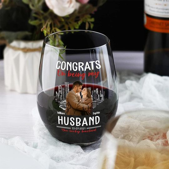 Discover Custom Photo Congrats On Being My Husband You Lucky Bastard Glass