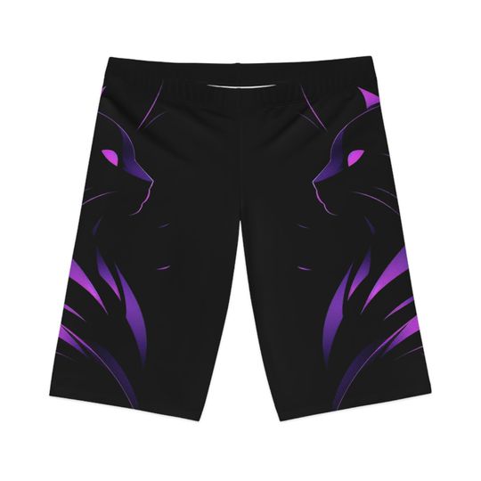 Discover Cycling Shorts, Purple Cat Print, Black Bike Shorts, Women's Activewear, Minimalist Design, Yoga Shorts