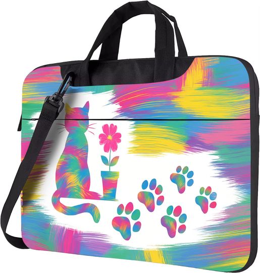 Discover Rainbow Cat Paw Print Laptop Sleeve  Colorful Artistic Cat Lover Bag with Floral Design, Cute Pet Lover Gift, Whimsical Feline Art Case