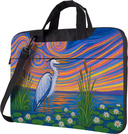Discover Colorful Heron Laptop Sleeve  Vibrant Nature Scene with Water Lilies and Sunset Swirls, Artistic Bird Laptop Bag, Nature Lover Gift Idea
