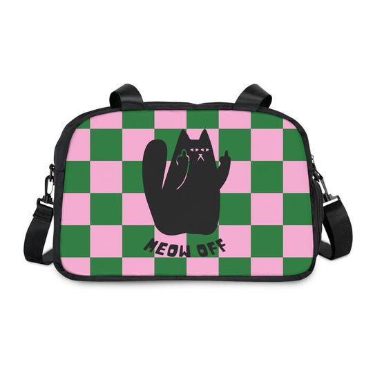 Discover Checkered Funny cat Fitness Handbag, Black Cat pointing middle finger workout bag