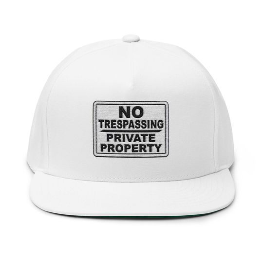 Discover No Trespassing Flat Bill Cap, Embroidered Snapback Hat for Outdoor Lovers, Casual Style, Gift for Nature Enthusiasts, Streetwear Accessory
