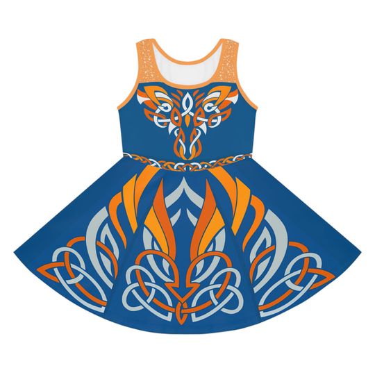 Discover Girls Irish Dancing Dress, St. Patricks Day, Wiggles, Blue Orange Celtic Knot Dress