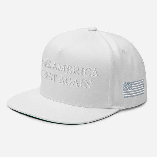 Discover White MAGA Hat Flat Bill Cap Trump, Make America Great Again Embroidered Flat Bill Cap, White Trump Hat, Whiteout Embroidery