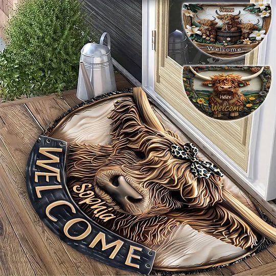 Discover Cute Highland Cow Welcome - Personalized Shaped Doormat