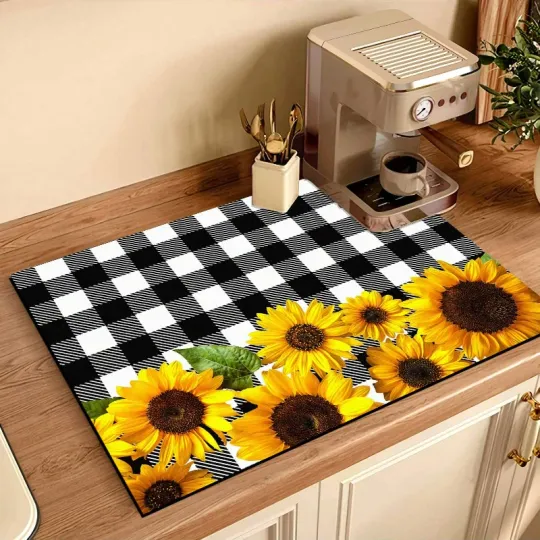 Discover 1pc Sunflower Printed Coaster Drainage Mat Coffee Machine Non-Slip Super Absorbent Wear-Resistant Dish Drying Mat For Countertop