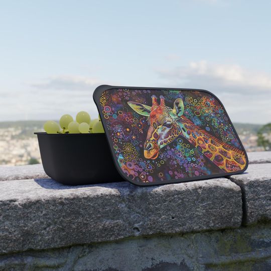 Discover Dot Art Giraffe PLA Bento Box - Single-Compartment Lunch Box with Rubber Band and Utensils - Plant based plastic lunch box