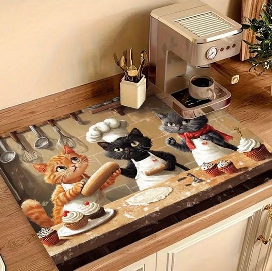 Discover Kitten Cute Cat Kitchen Tableware Drying Mat Coffee Machine Drain Pad Countertop Absorbent Draining Mat Dinnerware Table Decor