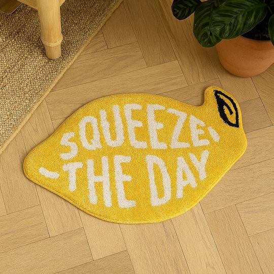 Discover Bright Yellow Lemon Rug Squeeze The Day  Fun Accent Mat, Playful Bathroom Rug, Quirky Entryway Kitchen Floor Decor