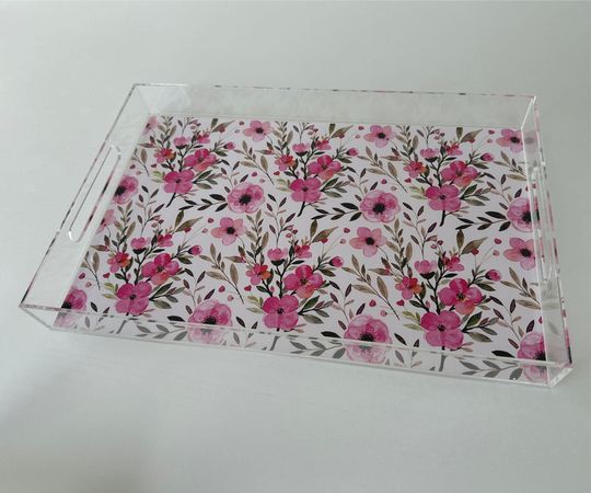 Discover Acrylic tray w/exchangeable insert, serving tray, lucite tray with handles, home decor, wedding gift,  office decor, floral, tray
