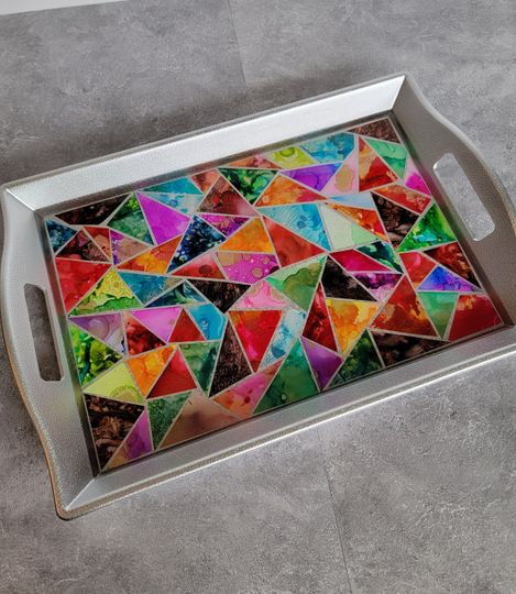 Discover Faux Mosaic Colorful Triangles on Silver Acrylic & Resin Serving Tray - Handmade by BPW