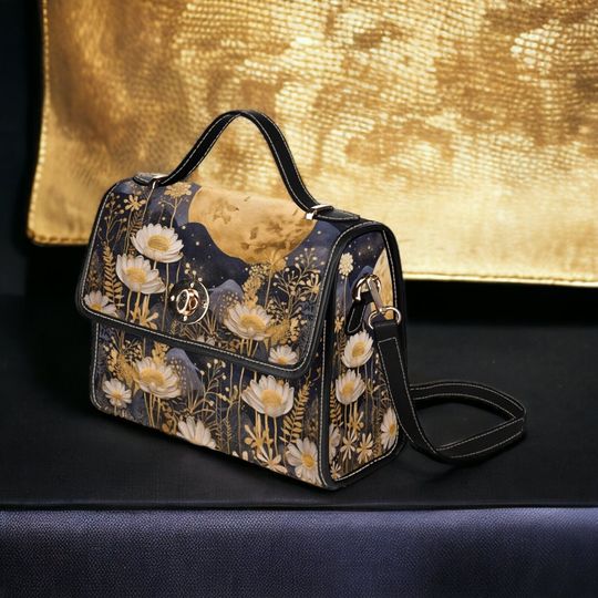 Discover Cottagecore Boho Gold and Navy Floral Moon Purse, Dark Cottagecore Floral Bag