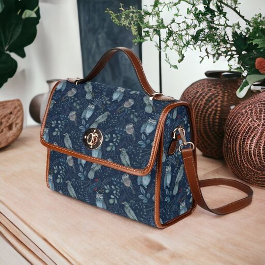 Discover Dark Cottagecore Birds Cross Body purse, Cottage Witch Owls Crows Canvas & Vegan Leather Handbag, Folk Art Owls Raven Boho Witchy Hippie Bag