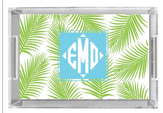 Discover Lucite Acrylic Tray | Personalized with family name or Monogram Coastal Chic Outdoor entertaining Hostess gift Palm Tree Leaf print