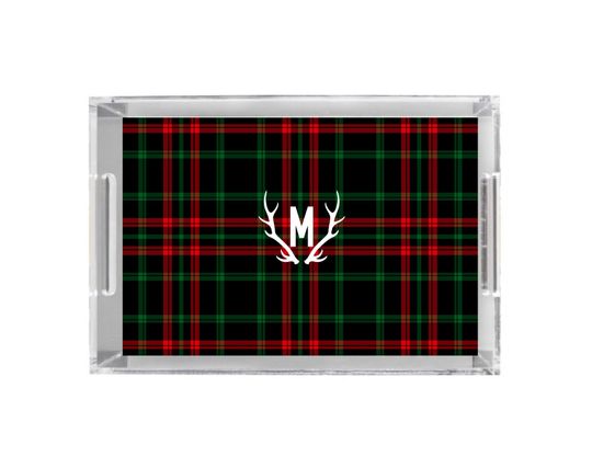 Discover Lucite Acrylic Tray, Hostess Gift Holiday Plaid with antlers & Initial Monogram or Name, Indoor Outdoor entertaining, Preppy Kitchen Decor