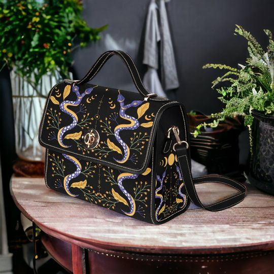 Discover Witch Canvas Satchel Bag, Celestial Snake & Moons Handbag, Boho Mystical Witch Handbag