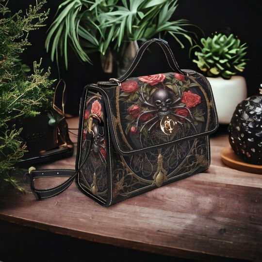 Discover Gothic Spider Canvas Satchel, Cottage Goth Dark Roses Spider purse, Witchy Spider Handbag, Creepy Whimsigoth Arachnid Handbag, Spooky Purse