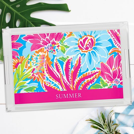 Discover Pink Preppy Floral Tray, Personalized Acrylic Tray, Watercolor Floral Tray, Preppy Home Decor, Coastal Beach Decor, Custom Gift