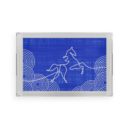 Discover Horse Acrylic Serving Tray, Blue & White Mid-Century Modern Vintage Inspired, Stylish Cocktail Bar, Beach Pool Backyard Party Accessory