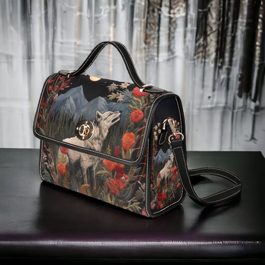 Discover Faux-Embroidered Wolf and Floral Handbag, Boho Cottagecore Witchy Wolf Satchel