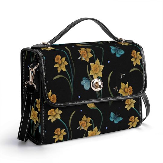 Discover Daffodils & Blue Moth Satchel Handag, Dark Cottagecore Crossbody Purse
