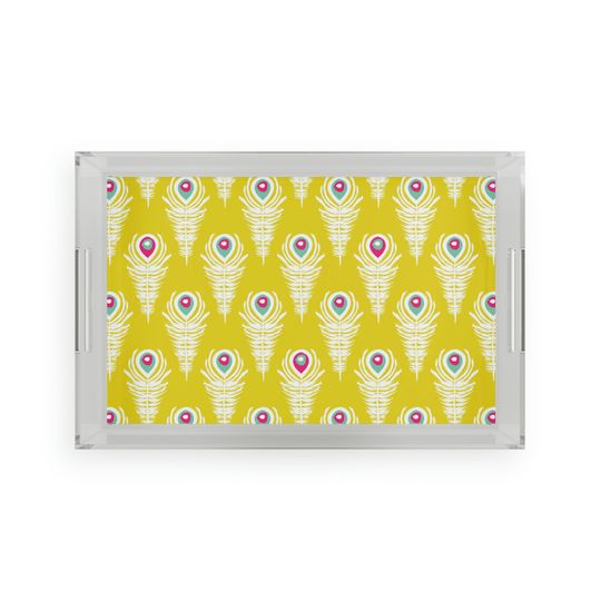 Discover Acrylic Serving Tray with Peacock Feather Design