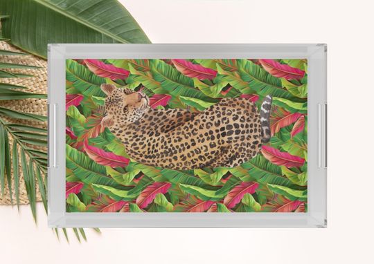 Discover Tropical Acrylic Tray Leopard Kitchen Organizing for Coffee Table Tray for Party Hosting Cheetah Botanical Tray with Handles Insert