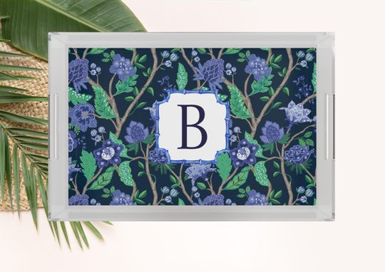 Discover Chintz Acrylic Serving Tray Custom Floral Kitchen Organizing Tray Coffee Table Tray for Office Essentials Blue Floral Stripe Carrying Tray
