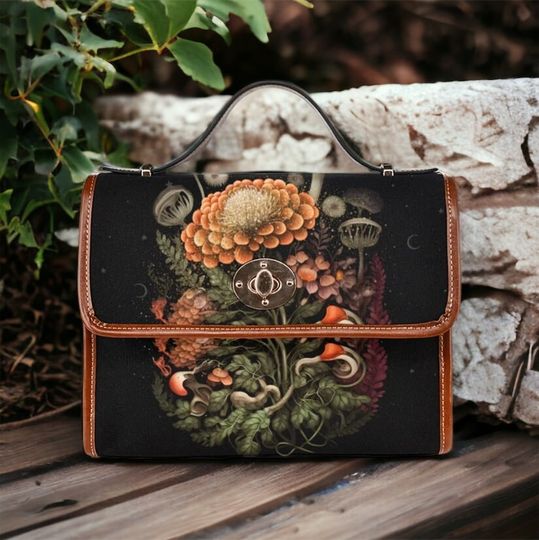 Discover Dark Cottagecore Witch Canvas Satchel Bag Witchy Mushroom Bag Cute Floral Mushroom Crossed Body Purse Goblincore Dark Boho Forest Bag Gift