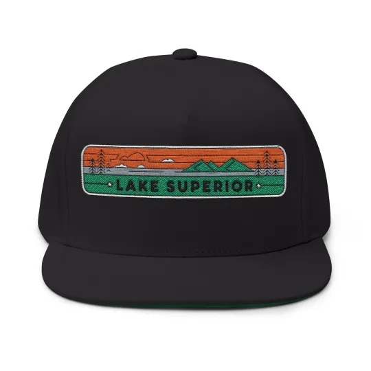 Discover Embroidered Lake Superior Flat Bill Hat Outdoor Adventure Cap Vintage Style Gift