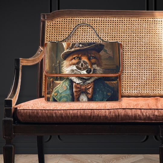 Discover Gentleman Fox Brown Canvas Satchel Bag, cottagecore top handle bag with shoulder strap, fox in clothes purse, mr fox handbag, mid century